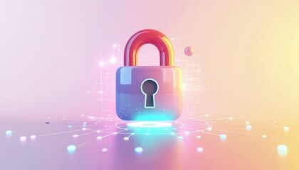 Colorful padlock representing security and data protection in a digital space with abstract connections