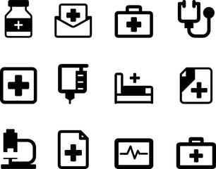 Collection of medical icons representing healthcare first aid and hospital related services