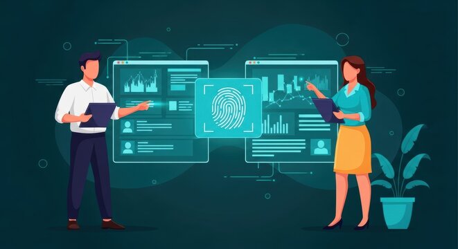 Professionals analyze cybersecurity data with fingerprint authentication identity verification and biometric digital access for secure systems