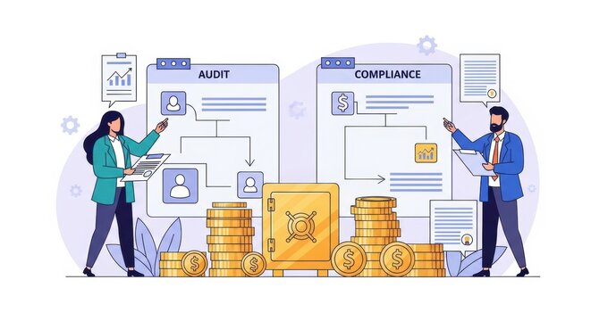 Visual representation showcases audit and compliance procedures for financial security and regulatory adherence in business operations