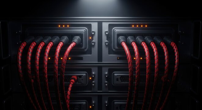 Server rack with red and black cables providing essential network connectivity within a data center environment