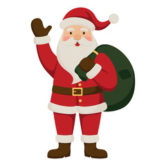 Illustration of Santa Claus waving his hand, wearing a red suit and hat, with a green gift bag. Holiday vector flat design isolated on white background.