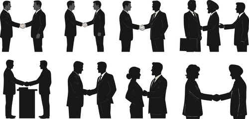 Vector silhouette collection of business people shaking hands, illustrating successful negotiation, partnership agreement, cooperation, and professional greeting concepts.