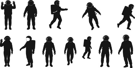 Vector silhouette collection of astronauts wearing space suits and helmets, illustrating space exploration, walking, floating, and future science technology concepts.