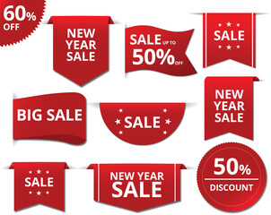 Red Sale Banners Set – Discount Labels, New Year Sale Badges, Promotion Tags, Vector EPS