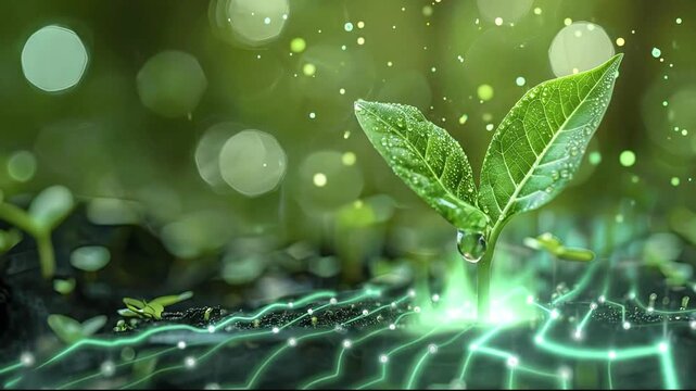 A vibrant green seedling covered in water droplets glows at its base with a luminous network spreading through the soil