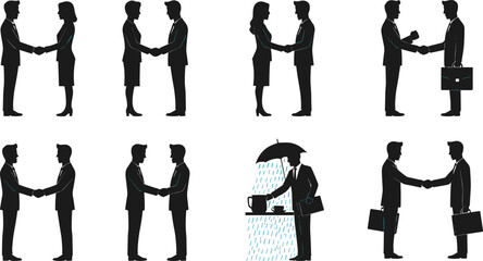 Vector silhouette collection of diverse business people shaking hands, illustrating successful negotiation, partnership, multi-ethnic agreement, cooperation, and professional greeting concepts.