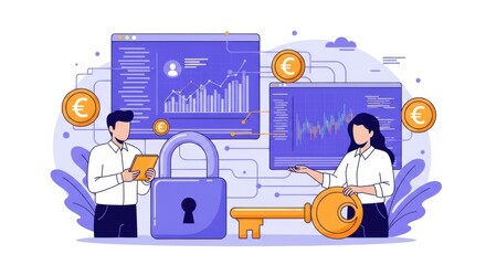 Investment security shown with lock key euro coins and data charts illustrating protection and financial strategy