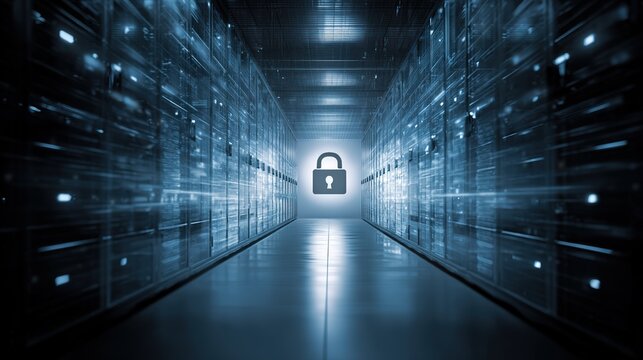 Data Security Fortress: A captivating image showcases a secure server room, illuminated with cool blue lighting, the focal point being a glowing padlock symbol.