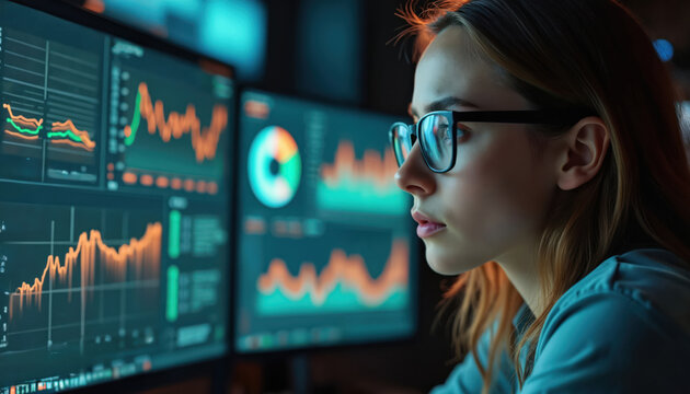 Focused woman analyzes data on multiple screens. Studies charts, graphs in control room. Manager reviews financial analytics for project. Engineer reviews information displayed on monitor. Digital - Powered by Adobe
