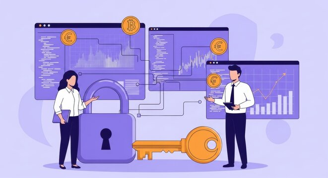 Financial security is illustrated through Bitcoin Euro currencies growth charts and a secure lock with key metaphor - Powered by Adobe