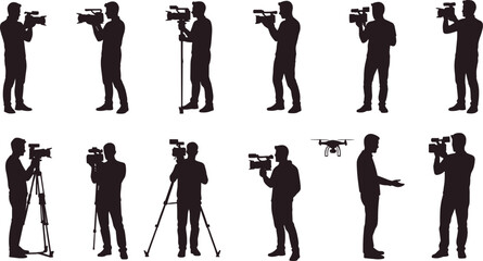 Vector silhouette collection of photographers taking pictures in a city with skyscrapers, illustrating urban photojournalism, visual media, and professional creative careers.