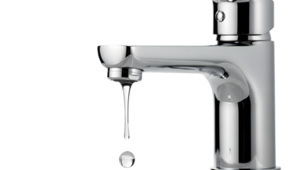 Leaky chrome faucet with dripping water on black background