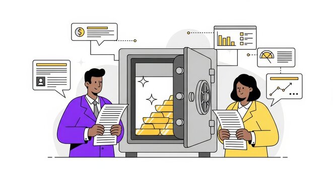 Two businesspeople manage investments near a vault full of gold bars representing wealth and financial security