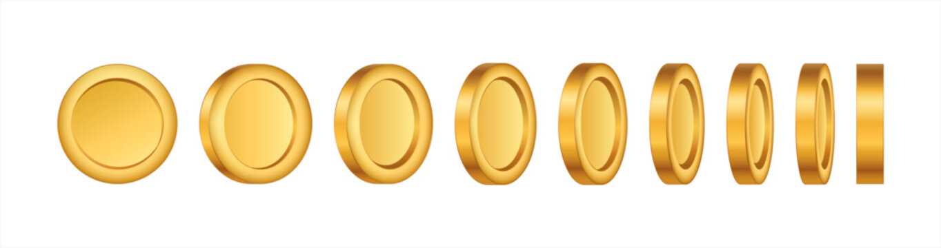 Print3d realistic empty gold coin rotating animation. Money cash for gambling games, treasure, finance or casino jackpot concept. Golden coins currency top, side and perspective view, vector 10 eps.