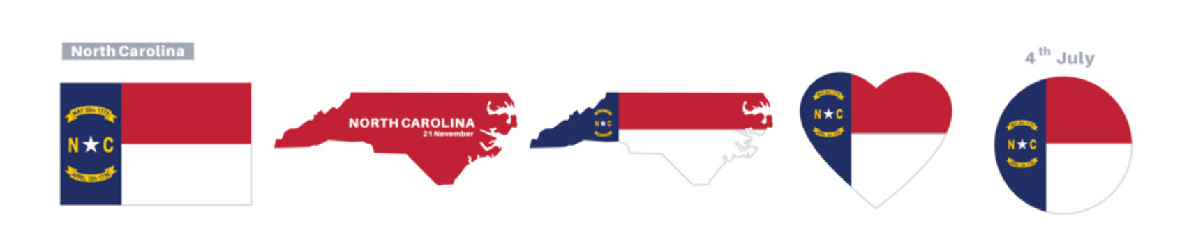 North Carolina flag and map set. North Carolina state flag in celebration of November 21st