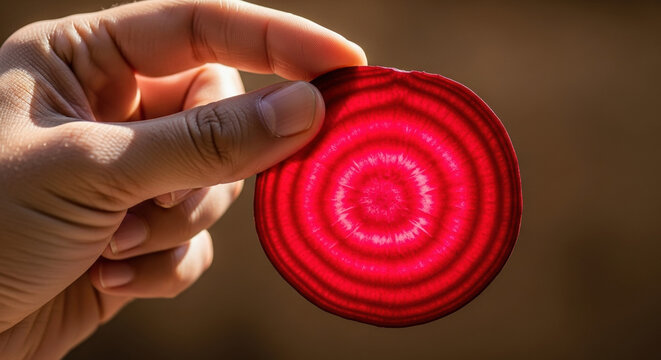 Hand holding fresh beet slice showcasing vibrant red color and unique circular pattern. Beet slice in natural light highlights rich texture and freshness. - Powered by Adobe