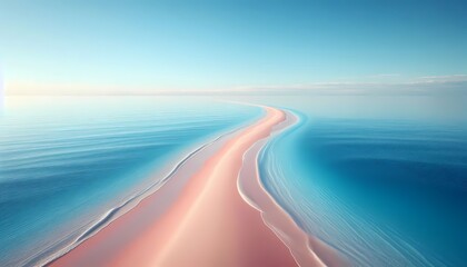 Aerial view of sandbars with lapping waves, with pink sand and cerulean blue water