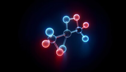 A molecular structure and a couple of atoms of red and blue spheres connected on a solid black background. 