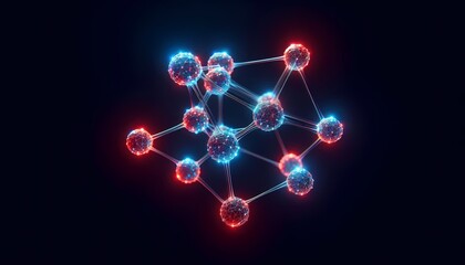 A molecular structure and a couple of atoms of red and blue spheres connected on a solid black background. 