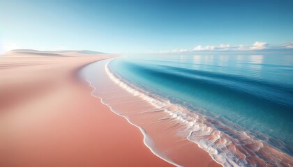 Aerial view of beach with lapping waves, with pink sand and cerulean blue water
