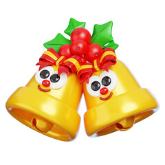 Cute 3D Golden Jingle Bells with Red Ribbon and Holly Isolated. Christmas Character Mascot.