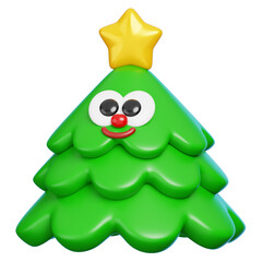 Cute 3D Christmas Tree Character with Golden Star Isolated. Pine Cartoon Mascot.