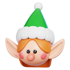 Cute 3D Christmas Elf Head Cartoon Character Isolated. Santa Helper Avatar.
