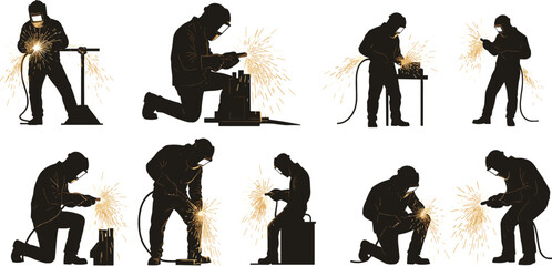 Silhouette collection of professional industrial welders with sparks, illustrating metal fabrication, construction work, and heavy manufacturing labor in dark colors.
