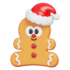 Cute 3D Gingerbread Man with Santa Hat. Isolated Christmas Cookie Character.
