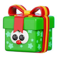 Cute 3D Green Gift Box with Red Ribbon Isolated. Christmas Present Cartoon Character.
