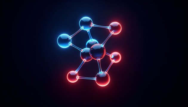 A molecular structure and a couple of atoms of red and blue spheres connected on a solid black background. 