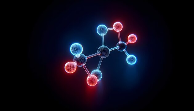 A molecular structure and a couple of atoms of red and blue spheres connected on a solid black background.