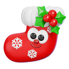 Cute 3D Christmas Stocking Character with Holly Isolated . Red Sock Mascot.