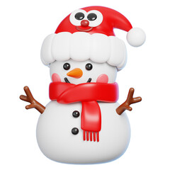 Cute 3D Snowman with Red Scarf and Santa Hat Isolated. Christmas Character Mascot.