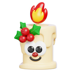Cute 3D Christmas Candle with Holly Isolated. Holiday Cartoon Character for Merry Christmas and New Year.