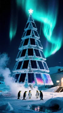 Arctic Solar Panel Tree with Penguins in Snow
