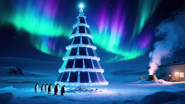 Aurora Lit Frozen Solar Tree near Research Outpost