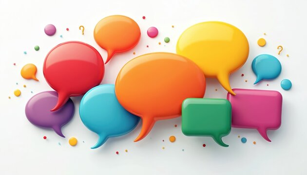 Illustration of colorful speech bubbles on white background. Different vibrant colors represent thoughts ideas communication. Creative design concept for various topics as discussion dialogue