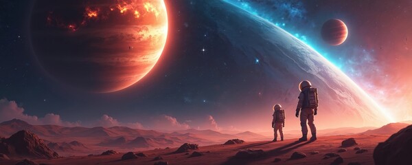 Two astronauts stand on barren alien planet, gazing at giant gas planet and distant star system. Vast, cosmic landscape with red terrain and colorful nebulae.