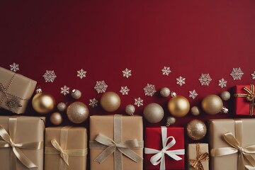 christmas background with gift boxes Merry Christmas and Happy Holidays greeting card, frame, banner. New Year. Noel. Red and white Christmas decorations and g top view. Winter xmas holiday celebratio