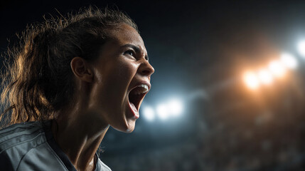 Player celebrates after scoring a goal during a night soccer match