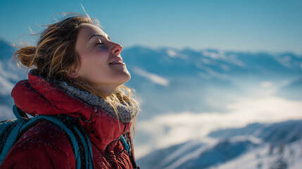 Woman enjoying mountain view during winter hike in sunny weather