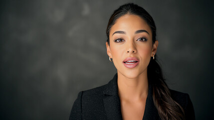 Woman speaking in front of a dark background during an event