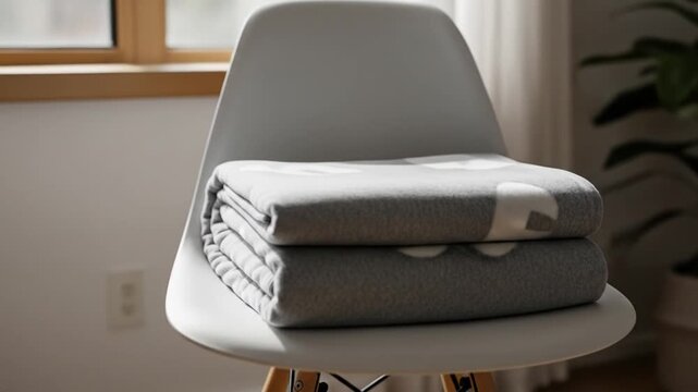 Elegant gray blanket with cute elephant pattern folded neatly on a modern chair, cozy interior
