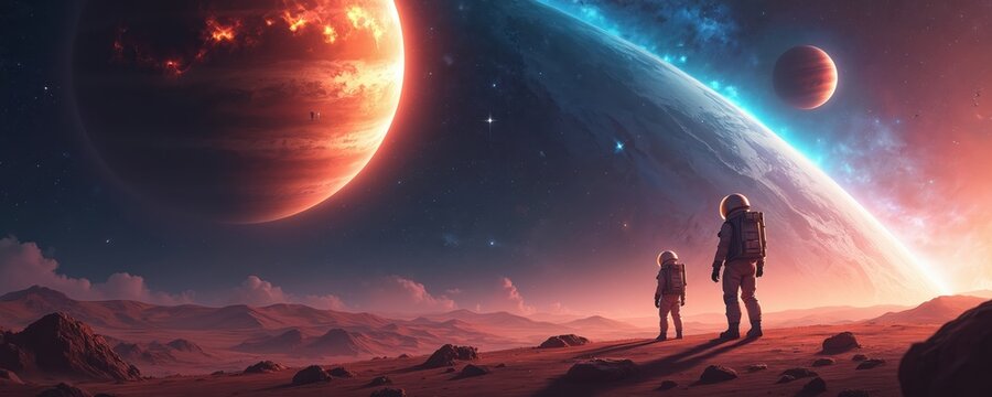 Two astronauts stand on barren alien planet, gazing at giant gas planet and distant star system. Vast, cosmic landscape with red terrain and colorful nebulae.