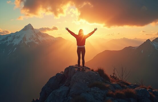 Woman stands on rock top with arms raised in victory at sunrise. Girl enjoys freedom, dreams on mountain peak. Hiker admires golden hour sun rays at mountain landscape during trekking.