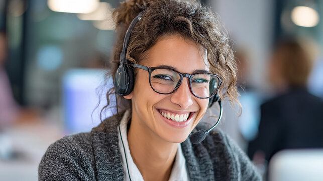 Woman smiles while using headset in an office setting