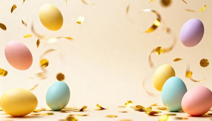 Festive Easter background with falling pastel eggs and golden confetti. Holiday celebration concept with copy space for a greeting card or banner