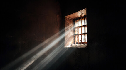Light shining through a barred window in a dark room
